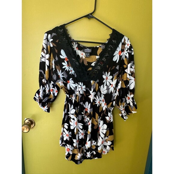 Angie Tops - Angie Black Floral Tunic with White & Mustard Flowers